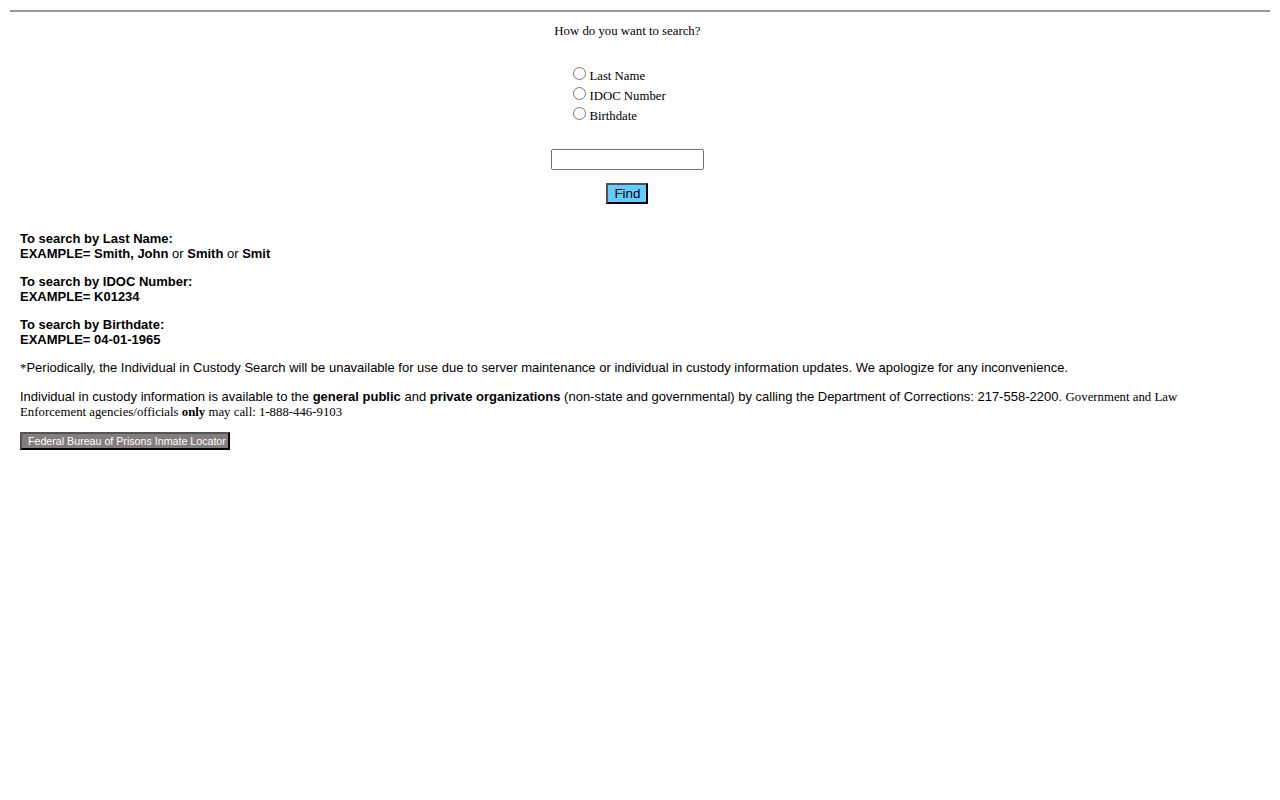 Illinois Department of Corrections person search form