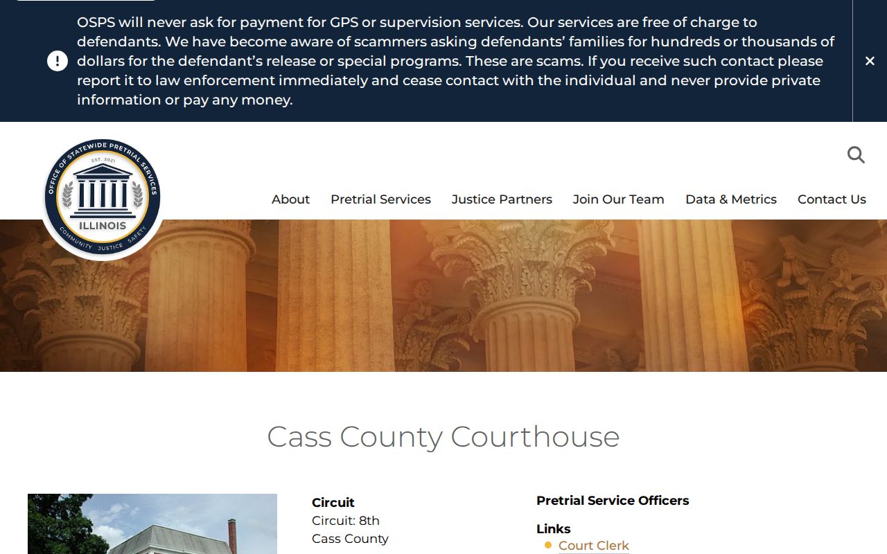 Illinois statewide pretrial services Cass County page and scam warning